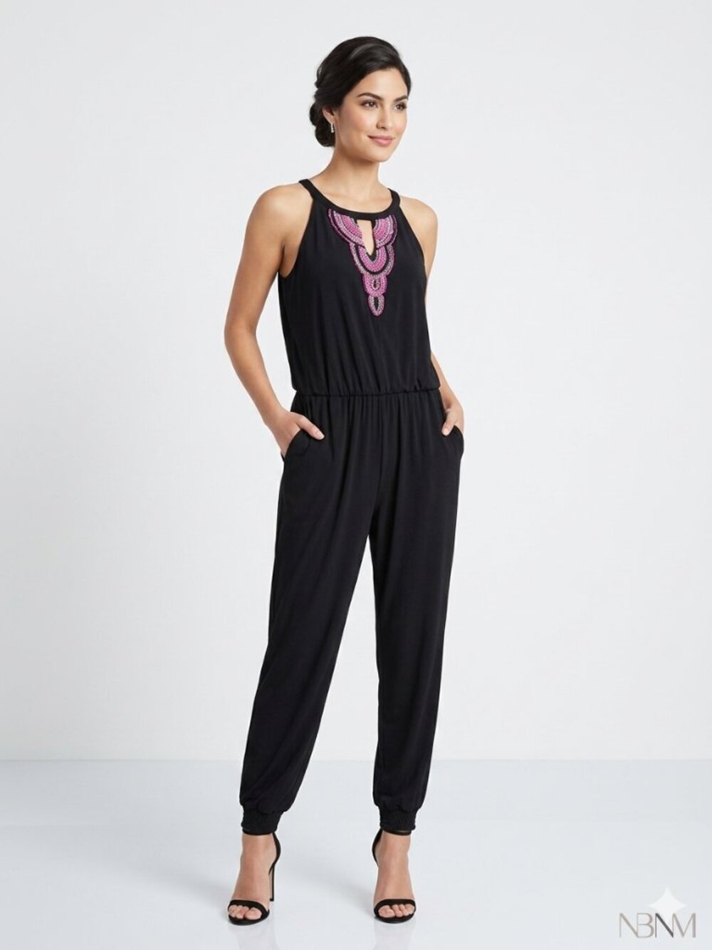 Black M Beaded Sleeveless Jumpsuit Romper w/ side pockets Nicole Miller Jogger